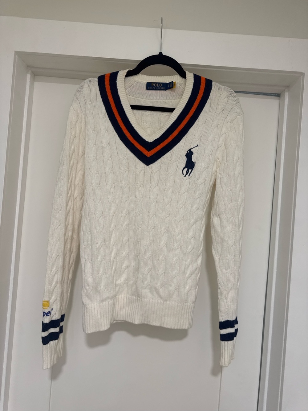 Polo Ralph Lauren Cable Knit V-Neck Sweater Cream Navy Orange Size S